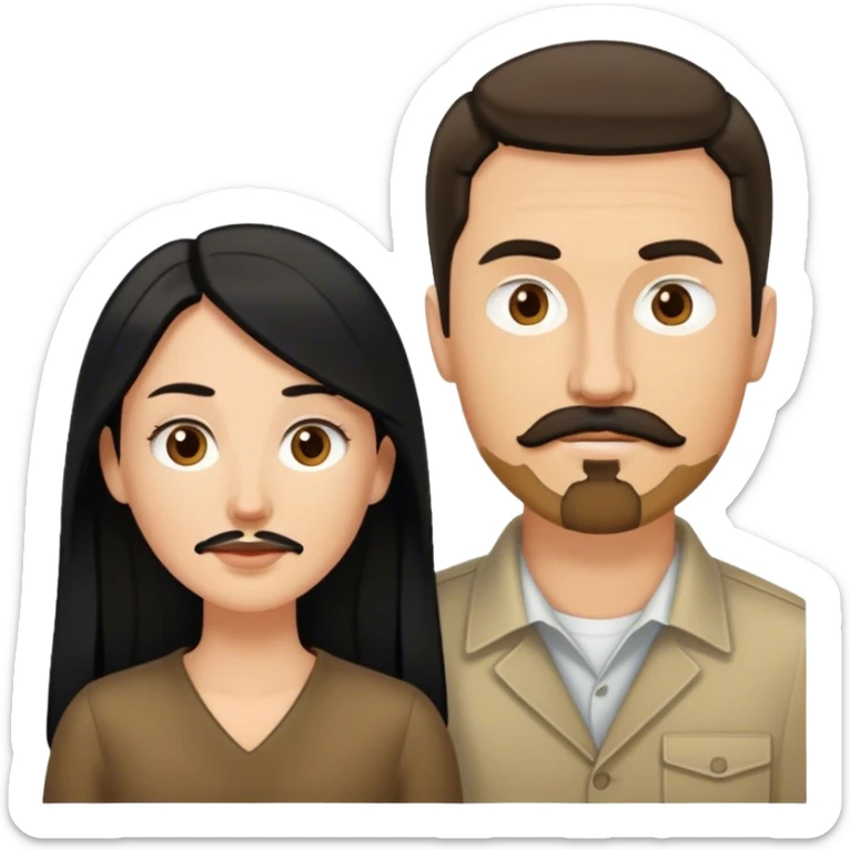 couple, a white woman with long black hair, and a white man with short brown hair goatee mustache sticker