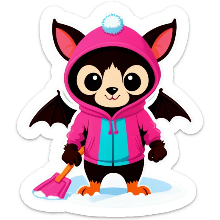 Fruit bat wearing a pink hoodie and pink beanie with Pom Pom shoveling snow  sticker