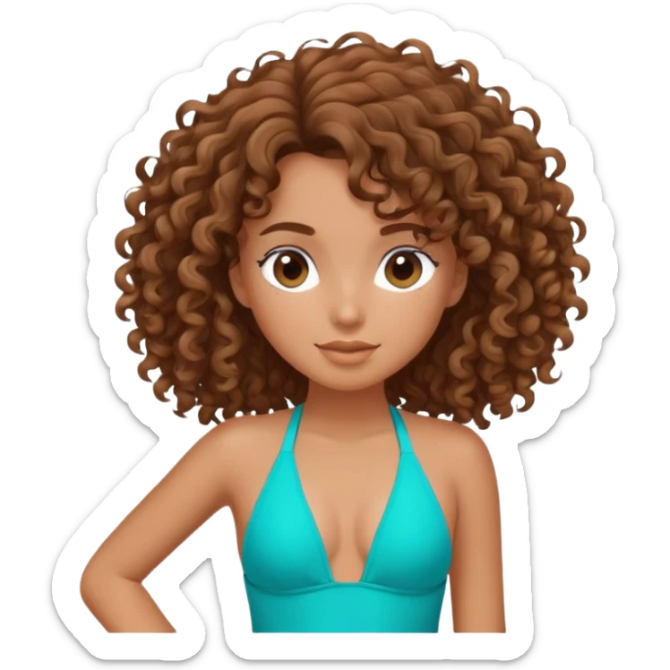 Beach girl with curly brown hair with a nice tan wearing a turquoise swimsuit sticker