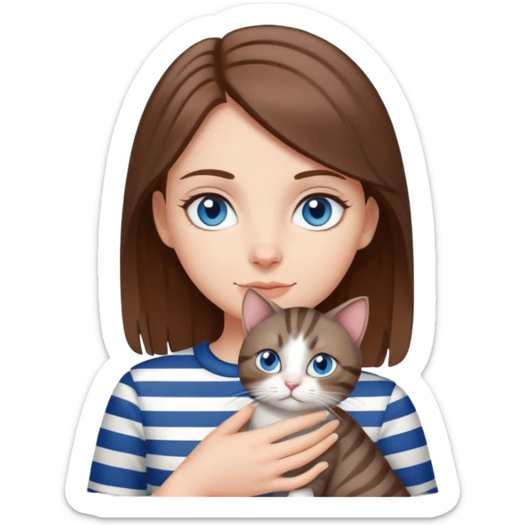 White girl with blue eyes and brown hair holding gray striped cat sticker