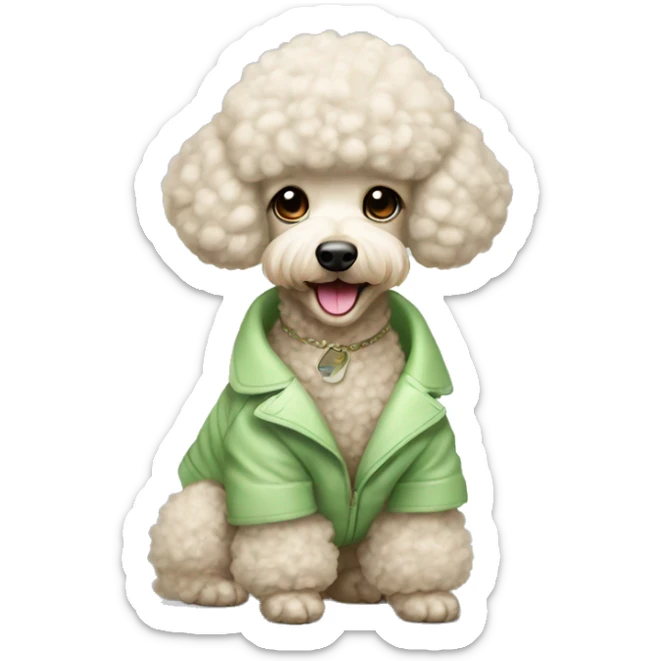 Happy Beige mini poodle with asian haircut in light green coat with white fur sticker