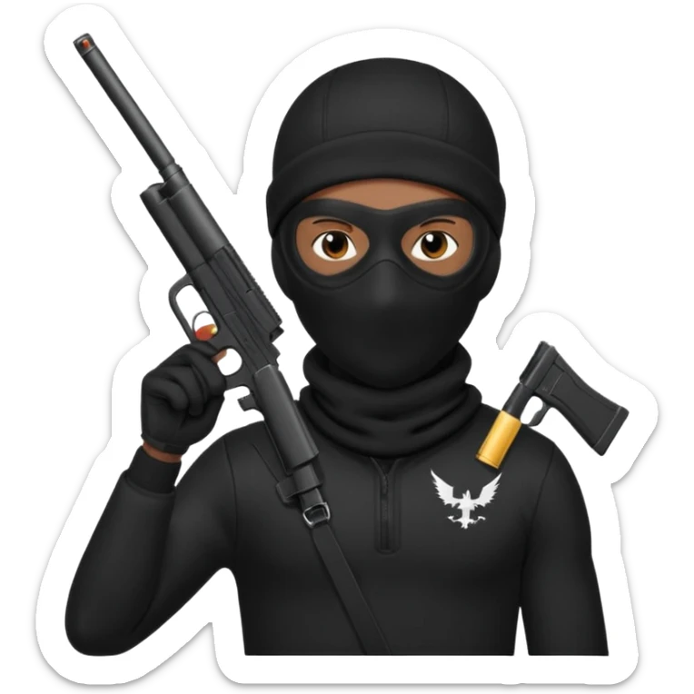 A young African male wearing a ski mask in full black clothing, holding a micro Draco gun in the air carelessly sticker