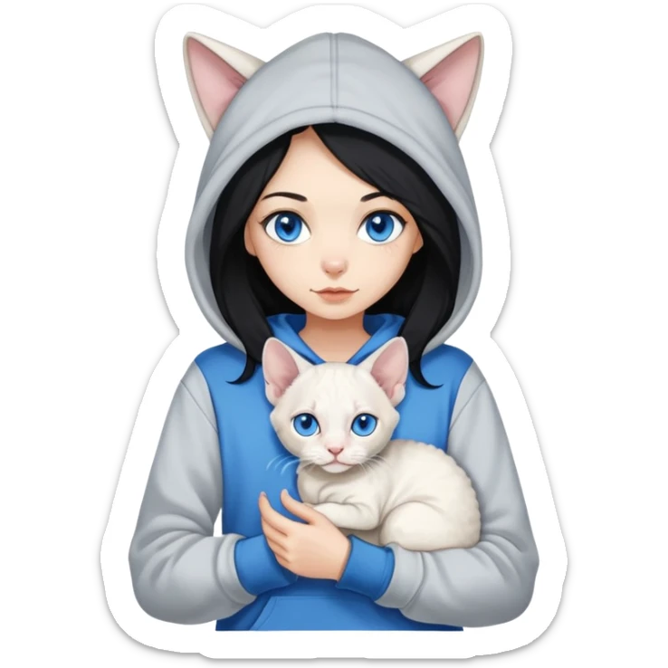 A girl with long back hair wearing a hoodie holding a white Devon Rex cat with blue eyes sticker