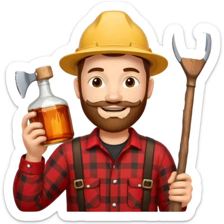 I want a Canadian lumberjack wearing a red and black plaid shirt drinking maple syrup out of the maple syrup bottle and holding a axe in the other sticker