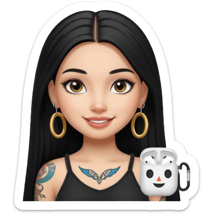 generate a pretty bratz girl with black long straight hair and airpods on, tattoo on shoulder, eyeliner on sticker