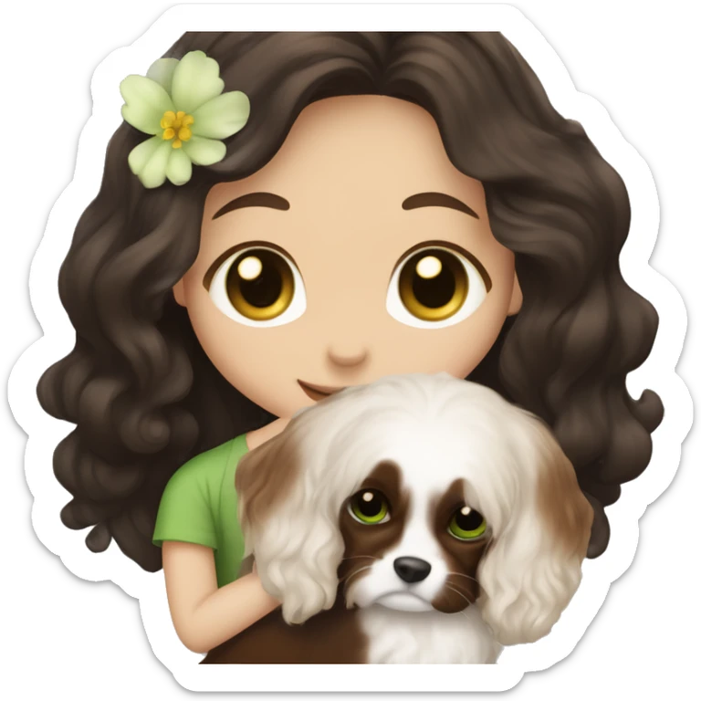 pale skin girl with green eyes with long dark brown hair that has a flower in her hair  snuggling a black and brown cavalier dog the dog also has a flower in its hair sticker