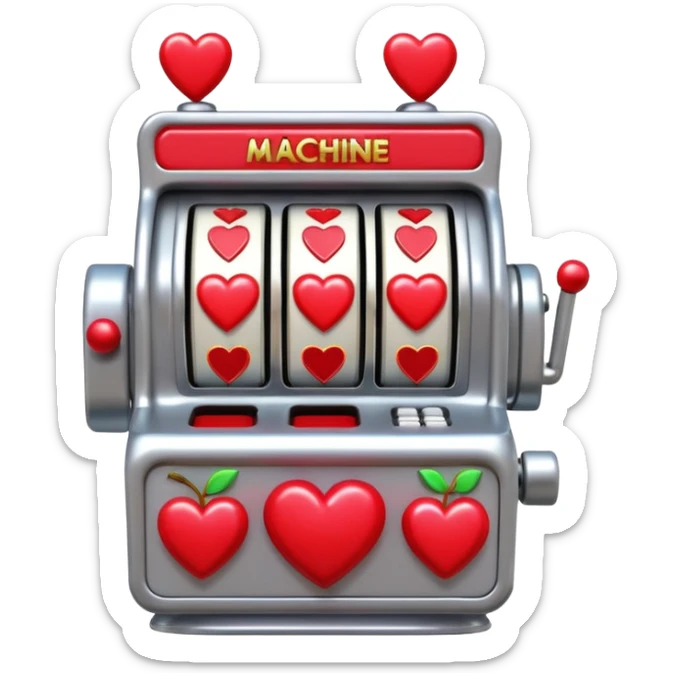 A 3D cartoon slot machine showing hearts and cherries, shiny metallic finish, Memoji-style realism. sticker