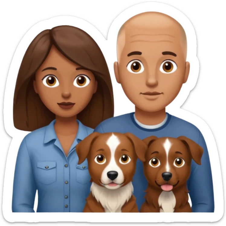 Couple with brown Aussie dog . Man shaved head white , woman long brown hair white skin sticker