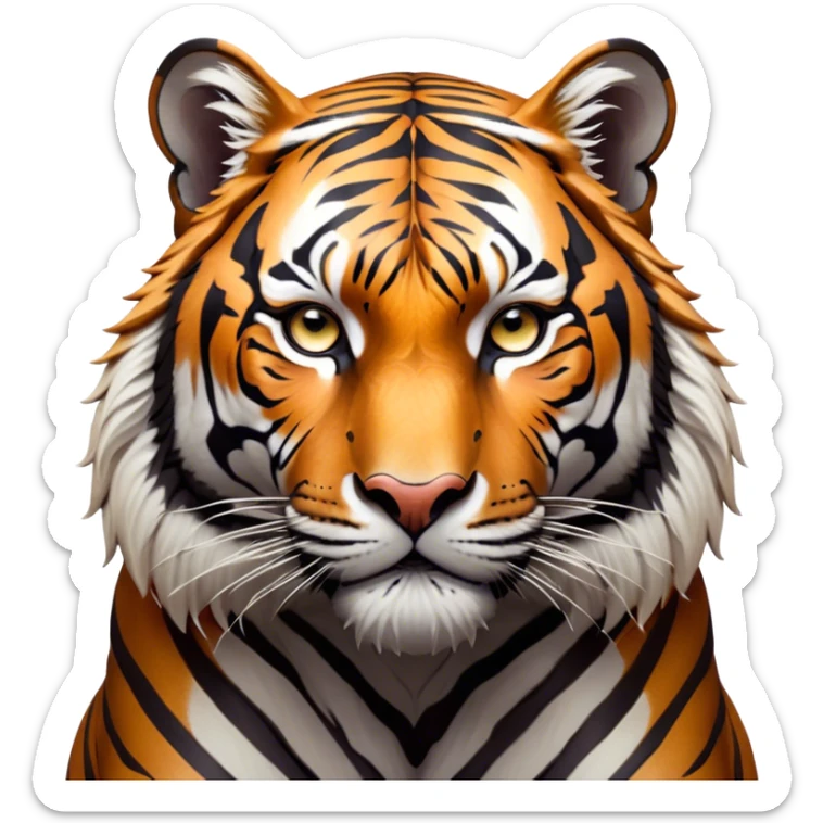 Cinematic Noble Tiger Portrait Emoji, Poised and regal, with a powerful, muscular build draped in striking, vivid stripes and intense, focused eyes, Simplified yet sharp and sophisticated features, highly detailed, glowing with a soft, wild luminescence, high shine, intelligent and majestic, stylized with an air of untamed authority, focused and commanding, soft glowing outline, capturing the essence of a watchful and confident jungle guardian that appears ready to pounce out of the screen with effortless authority! sticker