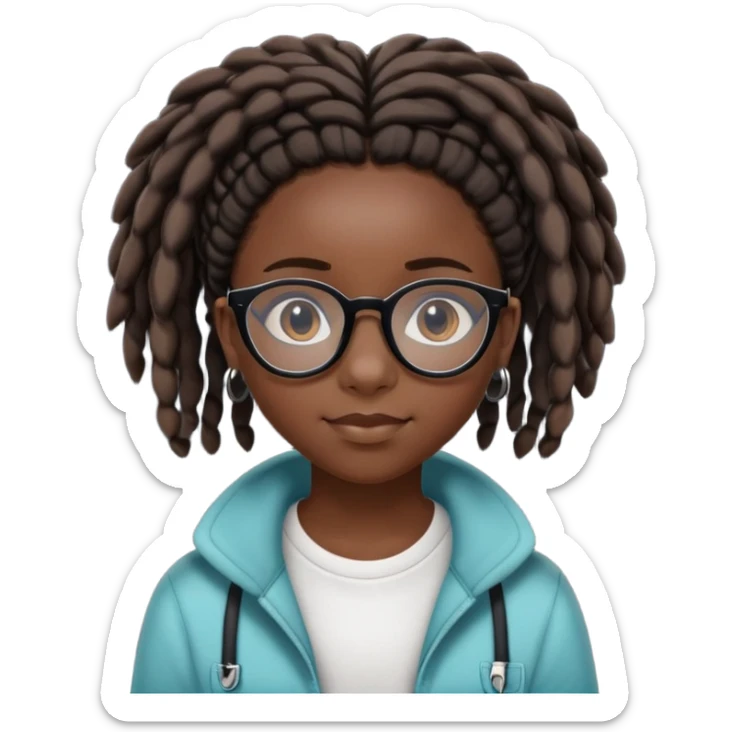 Black 13 year old girl with short locs as a hairstyle and a cowry on the front loc and glasses. sticker