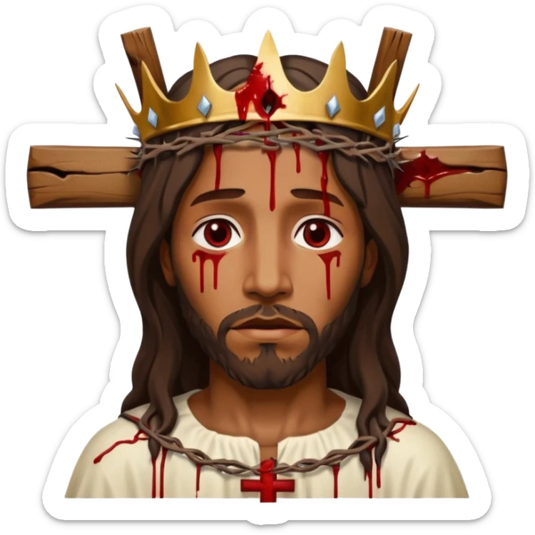 African American Jesus Christ bleeding on wooden cross with crown of thorns on his head sticker