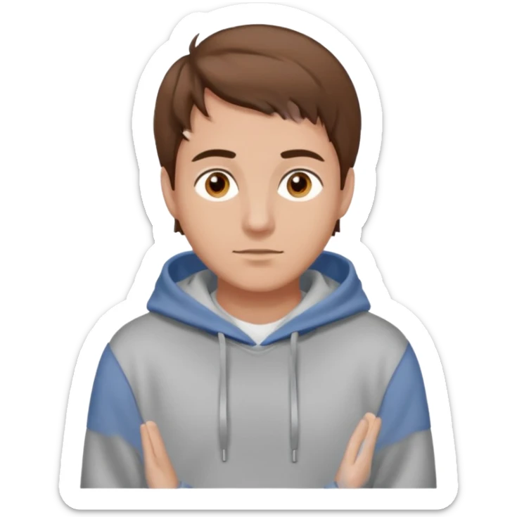 Uomo adulto barbuto capello moro occhi marroni metà busto e vestito con una felpa grigia e maglietta bianca sticker