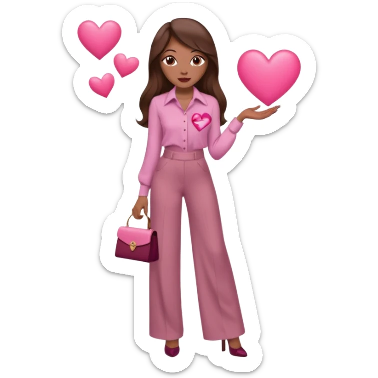  emoji, inspired with brunette hair, brown eyes, long hair, heart shape lips and pink make up  and pink nails, mauve pink blush and brown wide leg pants, burgundy shoulder drop shirt, brown heels , princess hair, brown heels, no floating hearts  sticker