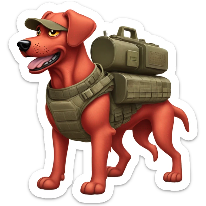 Desert storm Clifford the big red dog muscular with tattoos on arms book illustration humanoid as a military call of duty character standing alone sticker
