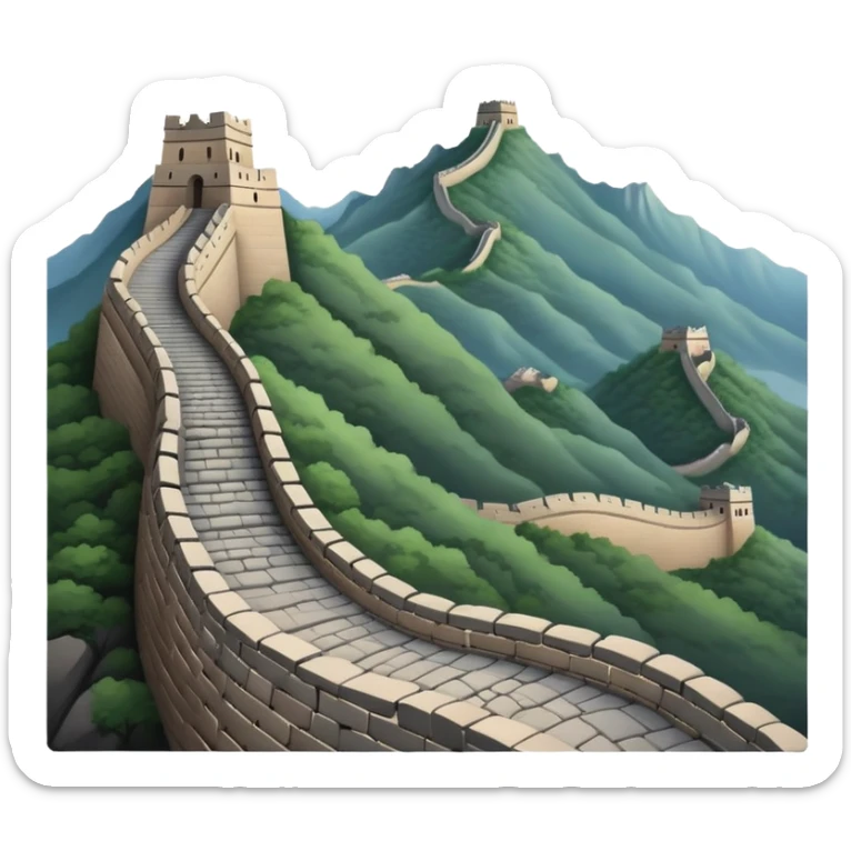 Great Wall of China, winding mountain silhouette, simplified emoji design sticker