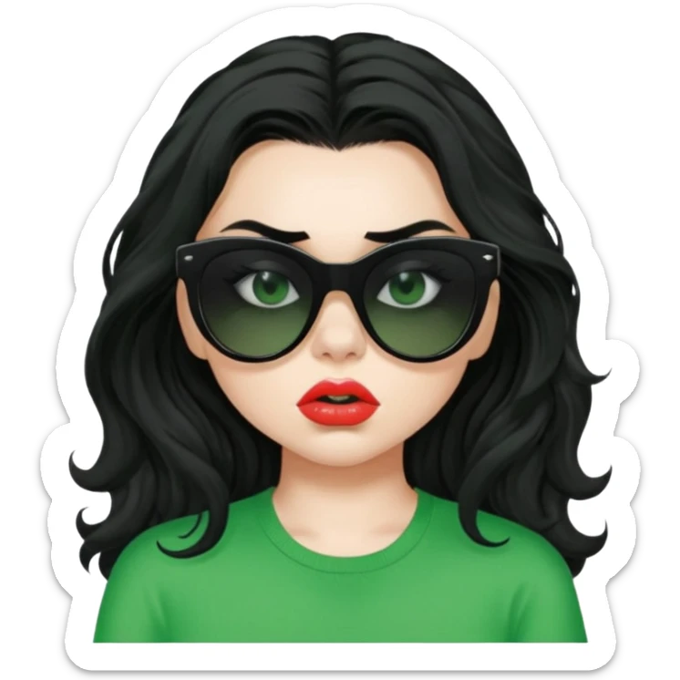 current charli xcx with her long black wavy hair, thick black-out sunglasses that hide her eyes completely, pale skin, pouting closed lips, and a bright green top that said 'brat' in the brat font. sticker