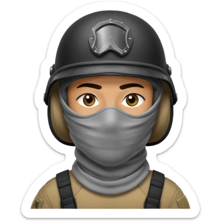 
an Iraqi soldier with a serious face, wearing a helmet and a balaclava covering his mouth sticker