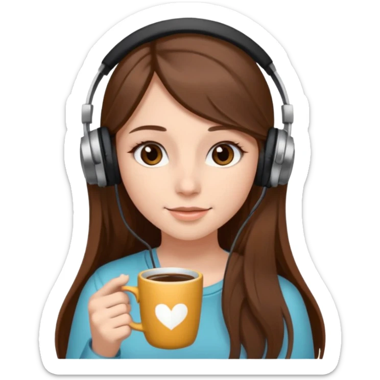 Girl with long brown hair and long eyelashes wearing headphones and holding a cup of coffee sticker