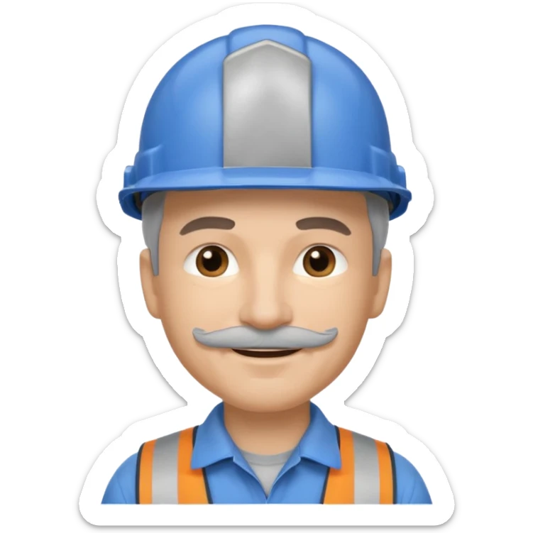 A man emoji with light skin, wearing a blue construction helmet, short gray hair on the sides, straight eyebrows, brown eyes, a small nose, and a thin gray mustache above his smiling mouth. sticker