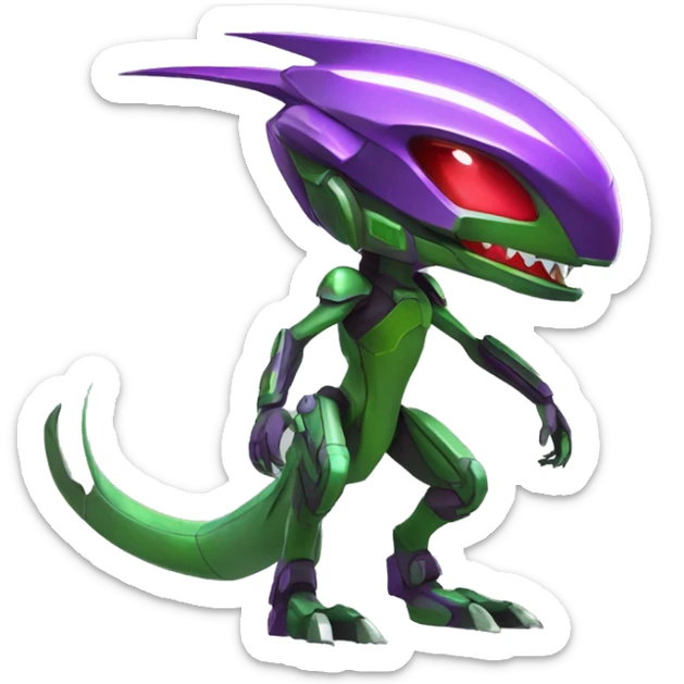 a shiny purple-green-red Genesect-Raptor-Fakémon—hybrid with a futuristic visor-helmet full body sticker