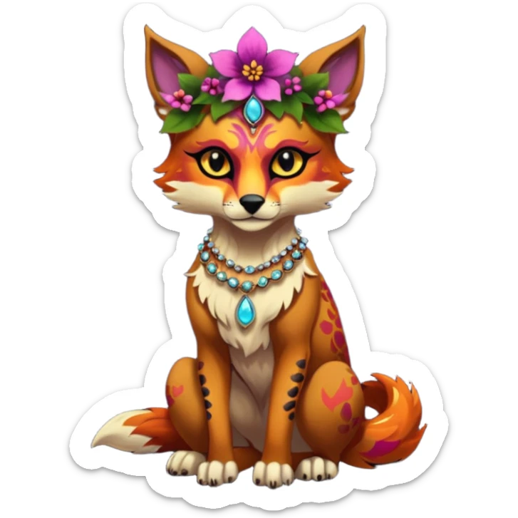 Multicolored gloomy dark spooky hot warm badass realistic floral exotic Falvie-Fionbri-animal, full body, wearing jewelries sticker