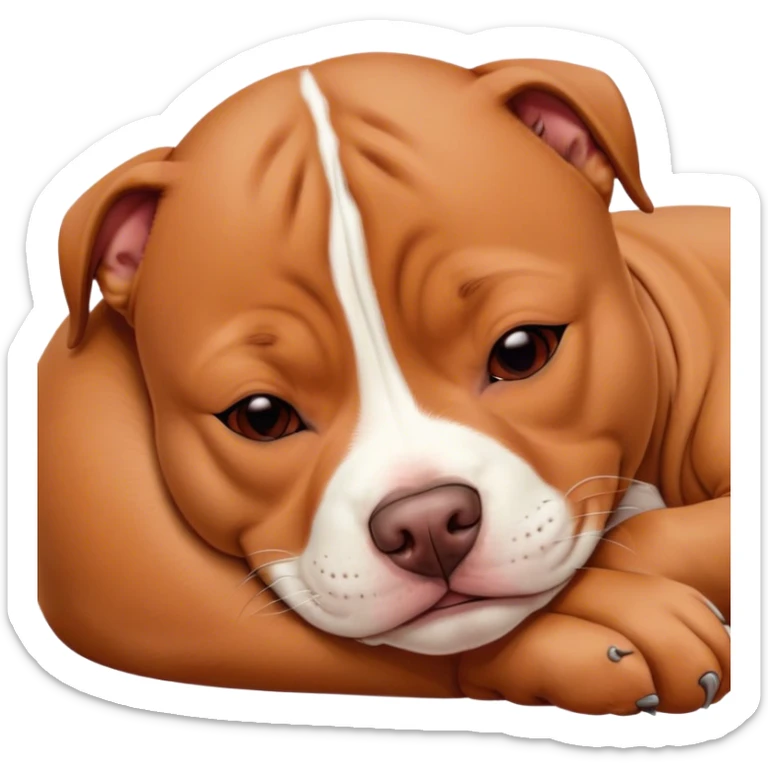Meme-Worthy Cute Sleeping Red/Fawn Staffordshire Bull Terrier Portrait Emoji, Head resting peacefully with a contented smile, showcasing a delightfully compact build and a luxuriously soft red/fawn Fur with subtle white highlights, eyes shut in a serene nap, Simplified yet hilariously adorable features, highly detailed, glowing with a soft, drowsy light, high shine, relaxed and utterly lovable, stylized with an air of playful laziness, bright and heartwarming, soft glowing outline, capturing the essence of a comically sleepy guardian, so meme-worthy it feels like it could instantly become the next viral sensation of adorable slumber! sticker