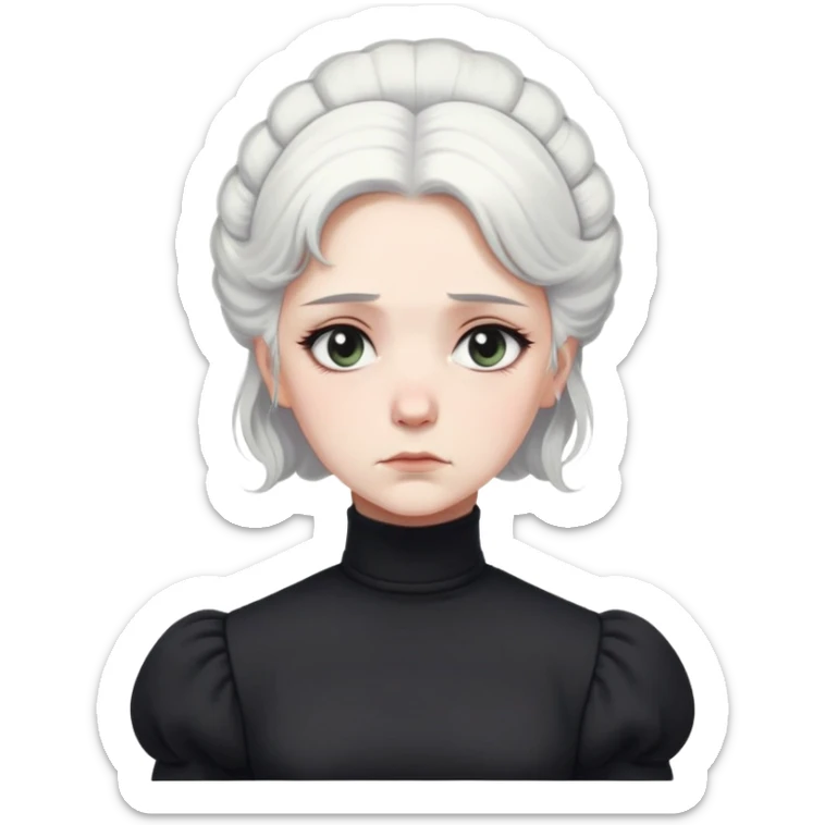 A Victorian woman with simple coiffed white hair and light eyes wearing a simple monochrome black turtleneck mourning dress with puffed sleeves looking down with a forlorn, miserable expression sticker