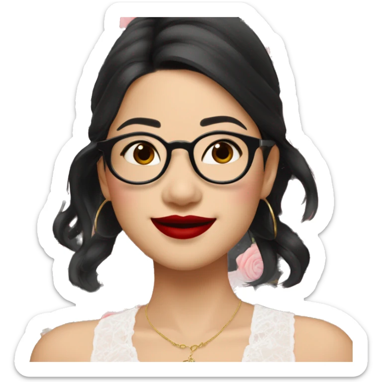 Asian girl, smiling with teeth and dimples on the cheeks, fair skin, black long hair, black eyes, black glasses with gold frames, red lipstick, wearing a white lace tank top and a black office jacket on top, with pink and red roses around her sticker