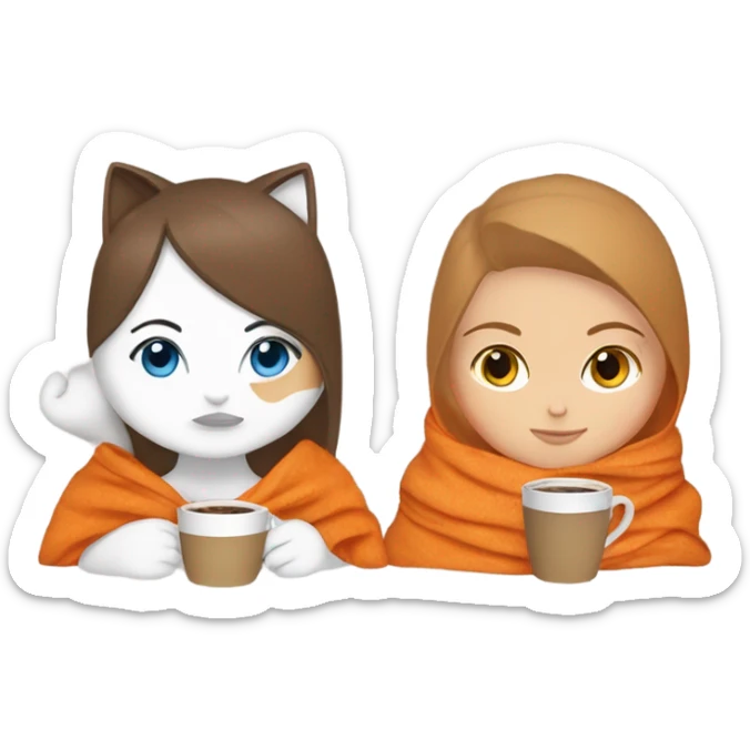 White girl blue eyes brown hair sipping coffee in a blanket with orange and white cat sticker