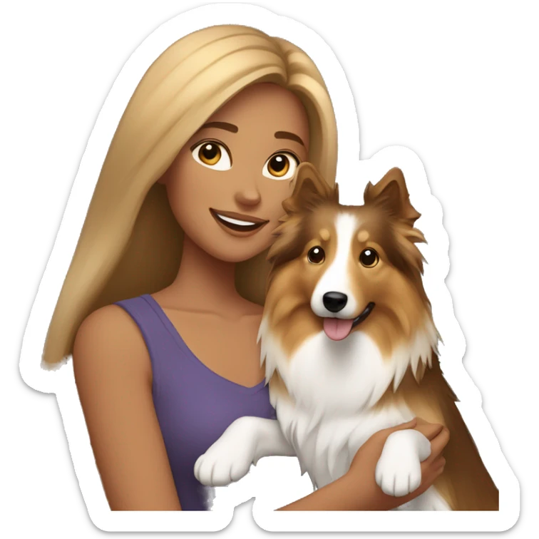 yong woman with light-broun straight hair holds a sable sheltie sticker