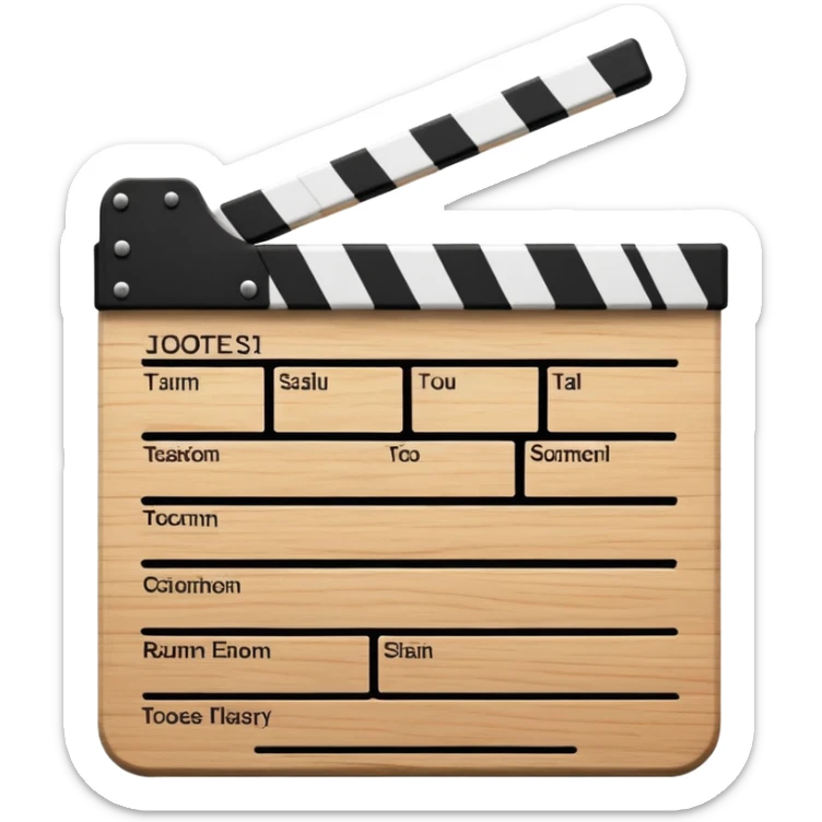 Movie clapperboard with black and white stripes at the top, iOS emoji style, clean minimal design sticker