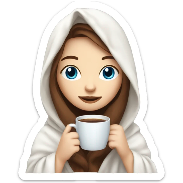 girl with pale skin with bleu eyes and brown long hair inside a white blanket sipping coffee sticker