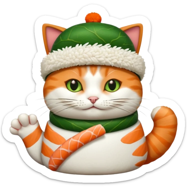 cat with its paws crossed wearing a hat made out of sushi sticker