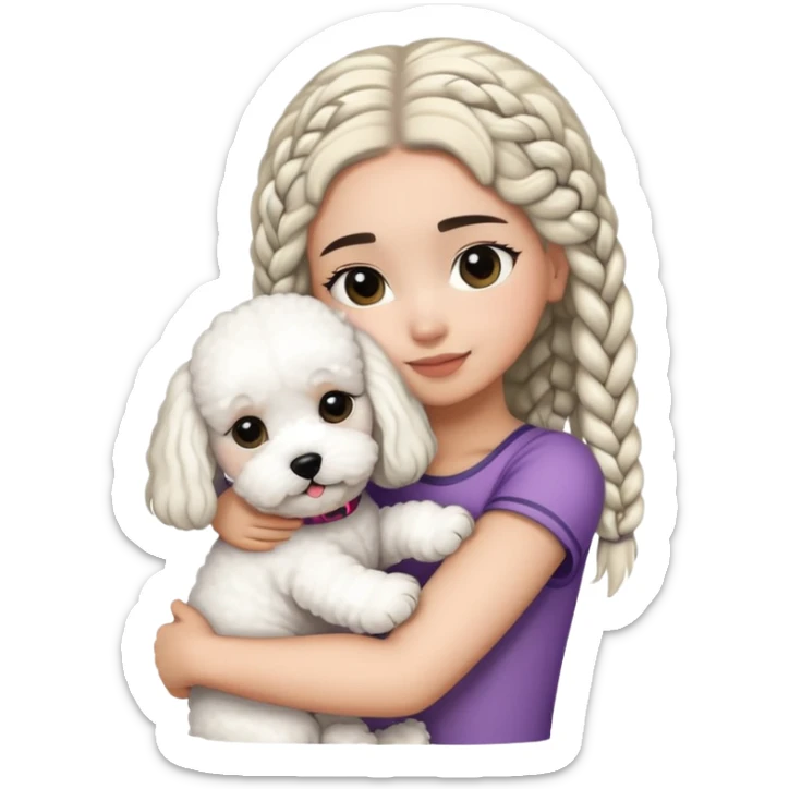 A girl with the black braids has straight hair ,hugging one Bichon frise sticker