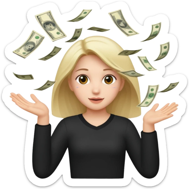 Haz un emote de una chica lanzado lluvia de billetes en formato gifg sticker