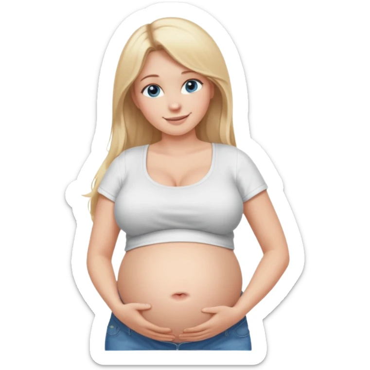 White girl, 18, long blonde hair, blue eyes, white crop top, jeans, huge pregnant belly, big boobs, side view, skinny, bare midriff, smiling sticker
