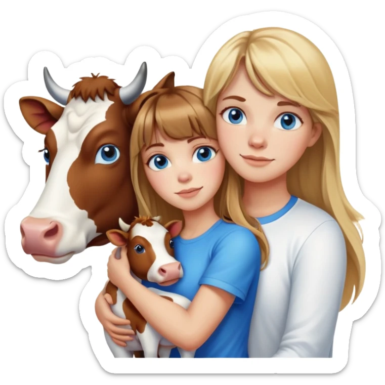 Woman with brown hair long and blonde highlights, bangs in front, blue eyes, white t shirt hugging a cow sticker