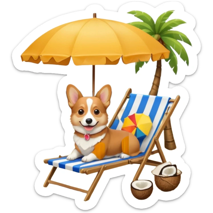 a corgi dog laied on a beach chair, a sunny beach, a sun umbrella, and beach coconut trees. the icon should capture the essence of a relaxing beach vacation with a carefree atmosphere sticker