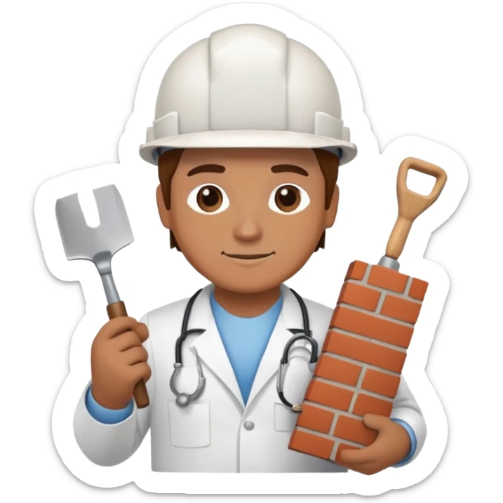 Brick mason wearing a hard hat but in a doctors gown emoji holding a trowel and a brick sticker