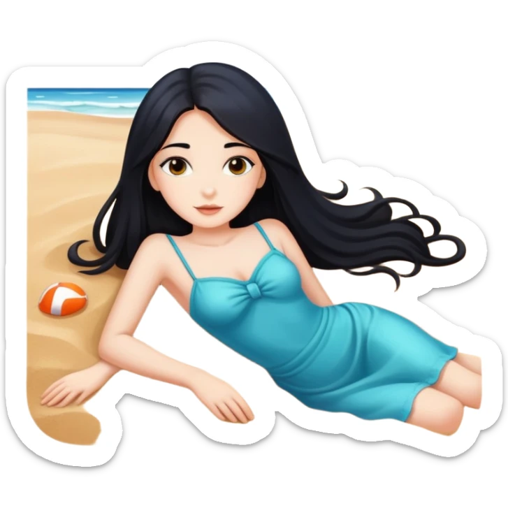 beautiful girl with black long hair lies on the sea beach sticker