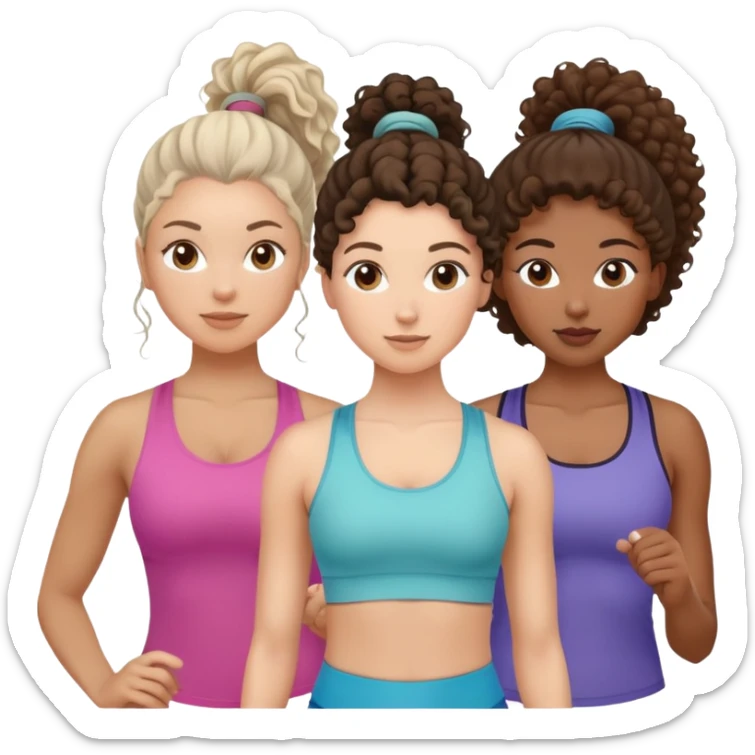three women friends exercising together, one black woman with curly brown hair, one pale white woman with curly brown hair, and one white woman with straight brown hair in a ponytail sticker