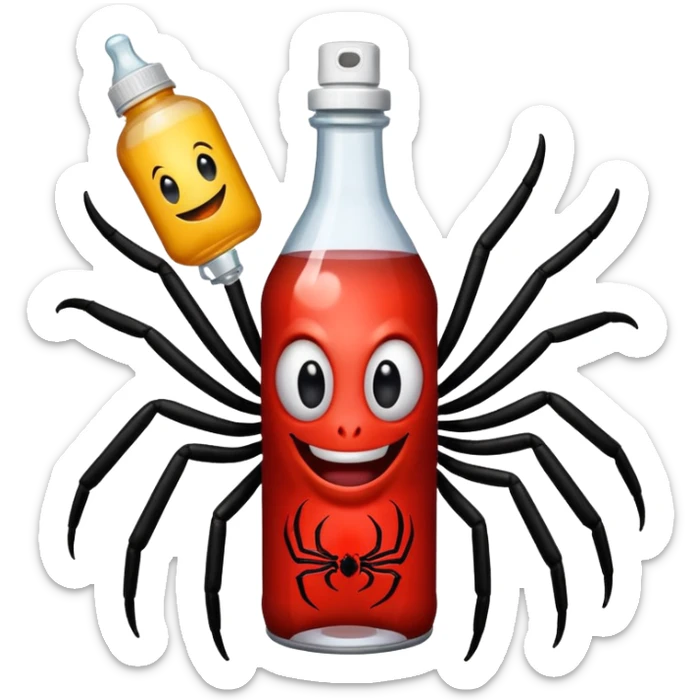 wesoły śmieszny pająk z butelka jadu i podpisem cześć sticker