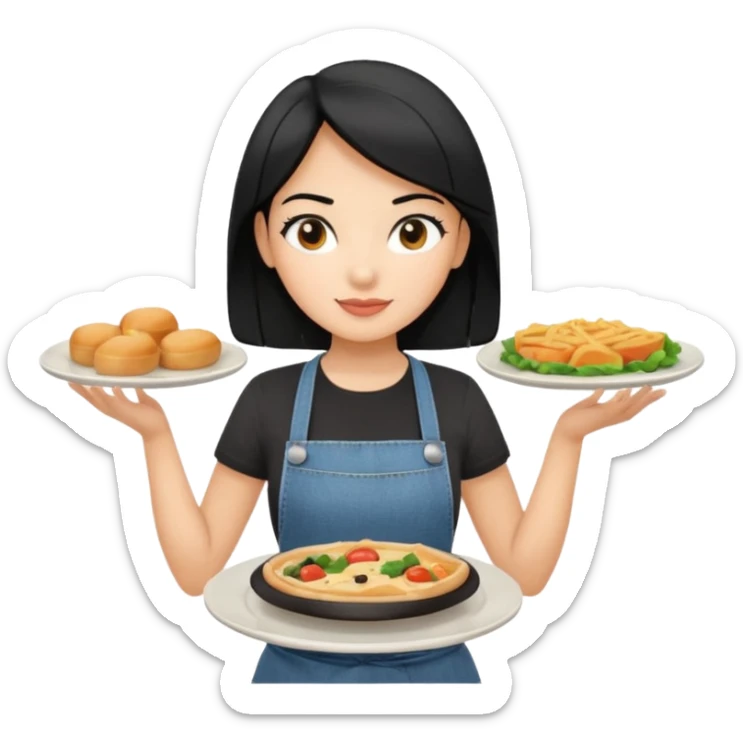 waitress with black hair and a food plate with a black tshirt and ª jeans apron. with a bigger plate and the plate with a tapa sticker