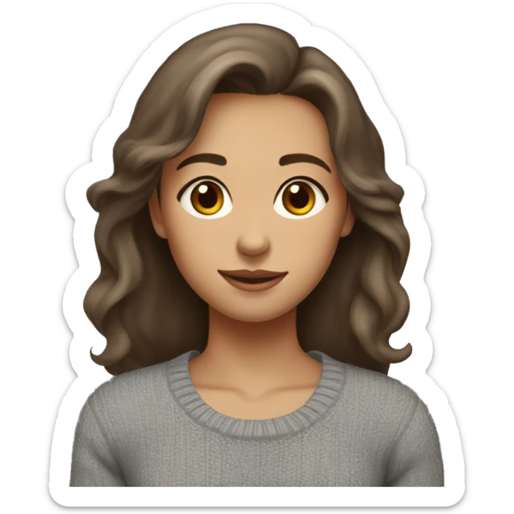 a girl with medium-length brown hair, brown eyes, wearing a gray tight-fitting sweater, with a small smile, sticker