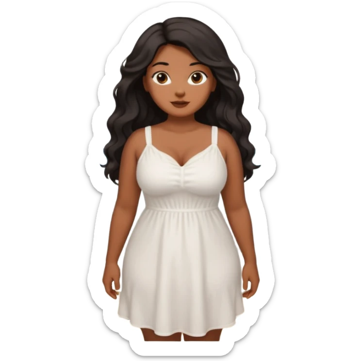 Curvy woman with brown skin with long wavy black hair, brown eyes. She's wearing a white cotton dress standing on a beach sticker