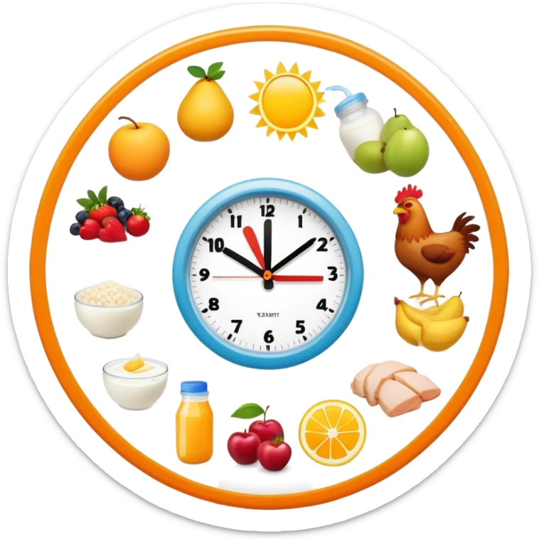 Daily fitness nutrition schedule with water bottle, sun, chicken and rice plate, gym equipment, yogurt, fruit, and sleep symbol arranged in a circle like a clock sticker
