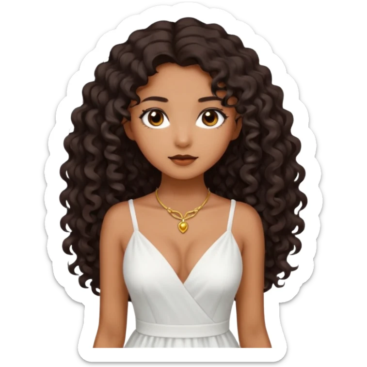 Dark tanned skin girl with very dark brown very long curly hair, very dark Asian eyes, white dress at neckline  sticker