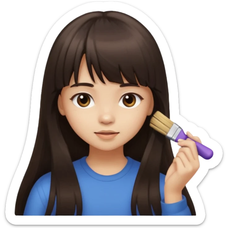 a girl with light skin and dark brown long hair with bangs who is brushing her hair sticker
