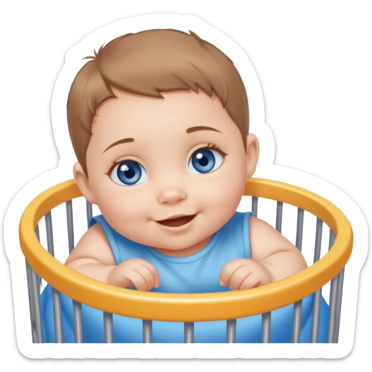 Blue-eyed baby girl with short light brown hair, chubby cheeks, mischievous smile in playpen  sticker