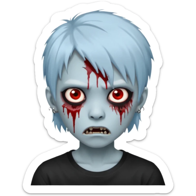  3D emoji-style avatar with very pale blue-grey zombie skin , a young Asian face, and large eyes with blood tears. Give it white litle bit messy mullet hair style , silver hoop earrings, and a plain black T-shirt. The face expression should be slightly angry, with vampire fang sticker